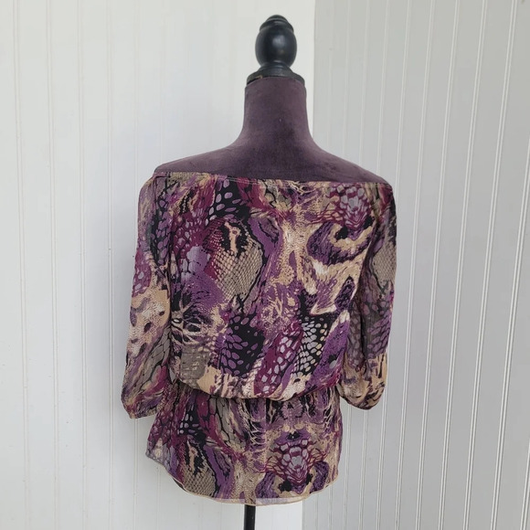 M-Label Women Pink Purple Beige Chiffon Floral Shirt Blouse BOHO Off Shoulder XS - Picture 6 of 10